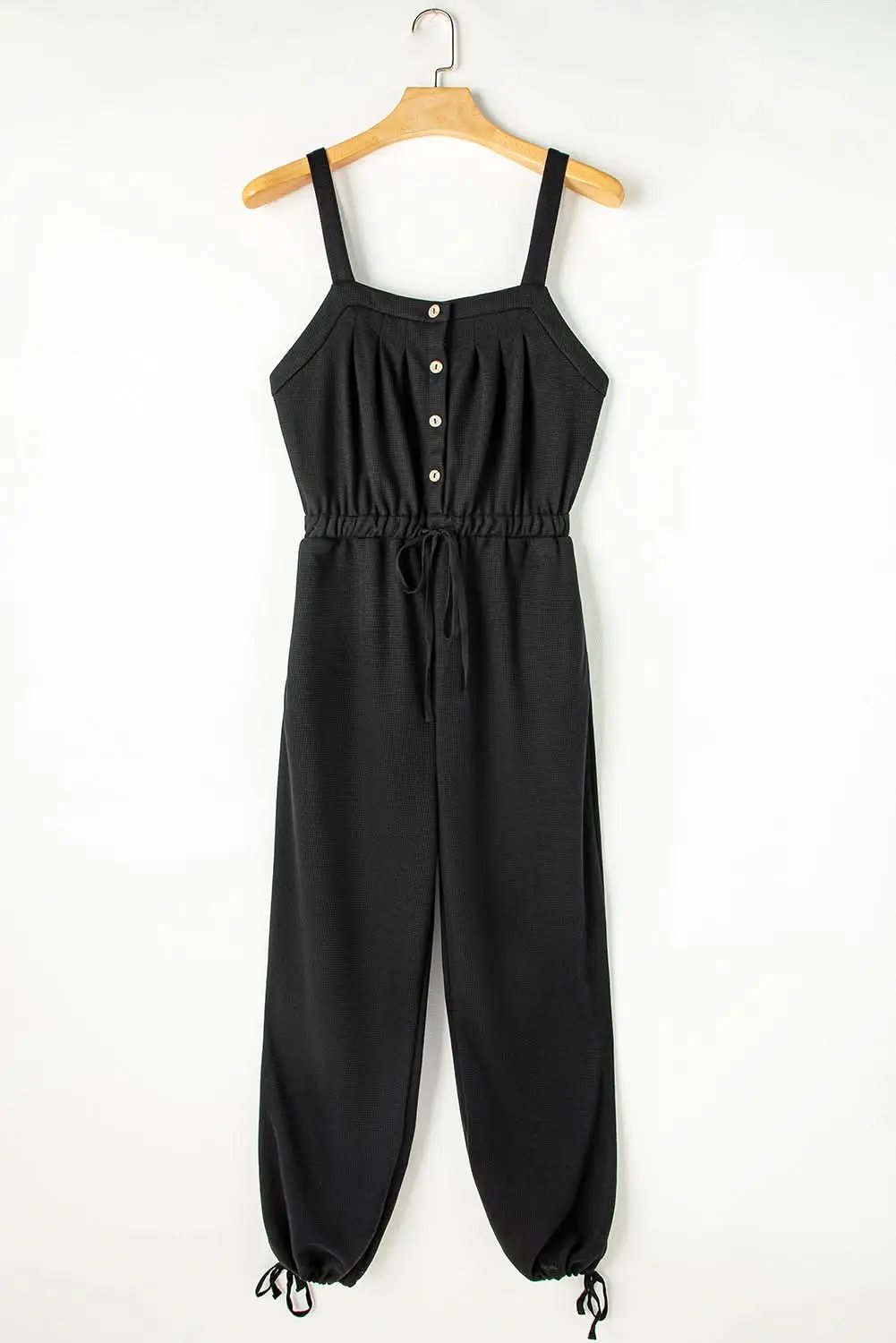 Black Knotted Straps Button Textured Drawstring Jumpsuit - Love Salve